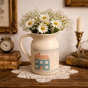 Vintage 80s Country Sheep House Ceramic Pitcher Cottagecore Grandma Chic